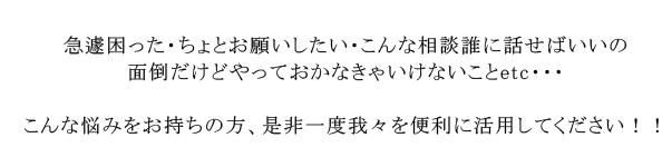 急遽困った・ちょとお願いしたい・こんな相談誰に話せばいいの面倒だけどやっておかなきゃいけないことetc・・・こんな悩みをお持ちの方、是非一度我々を便利に活用してください！！